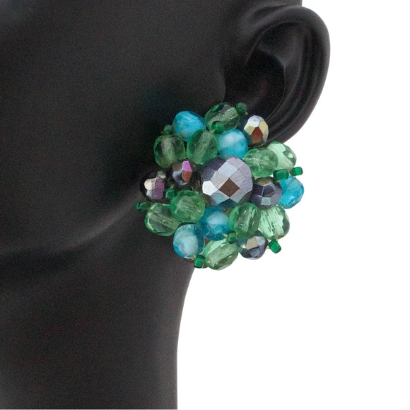 Vintage German Glass Bead Cluster Clip On Earrings Blue Green Western Germany - Picture 2 of 4